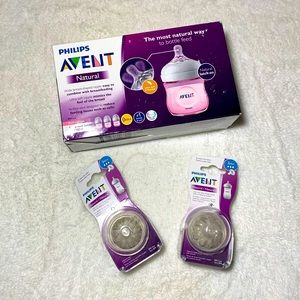 Phillips Avent natural nipple bottle set with extra nipple replacements.